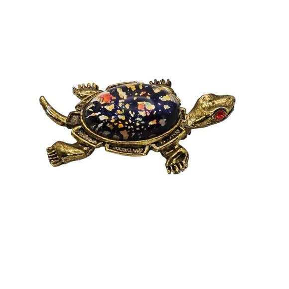 VTG Brooch Turtle Gold Tone Glass Cabochon Red Eye Whimsical Sea Creature Pin - Picture 6 of 12
